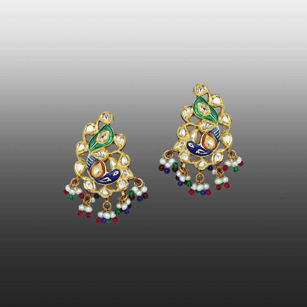 Polki Earrings with Peacock Enamel and Multicolour Beads